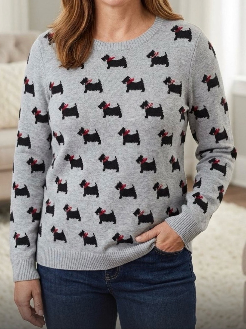 Charter Club Scottie Dog Rhinestone Collar Sweater Gray Large